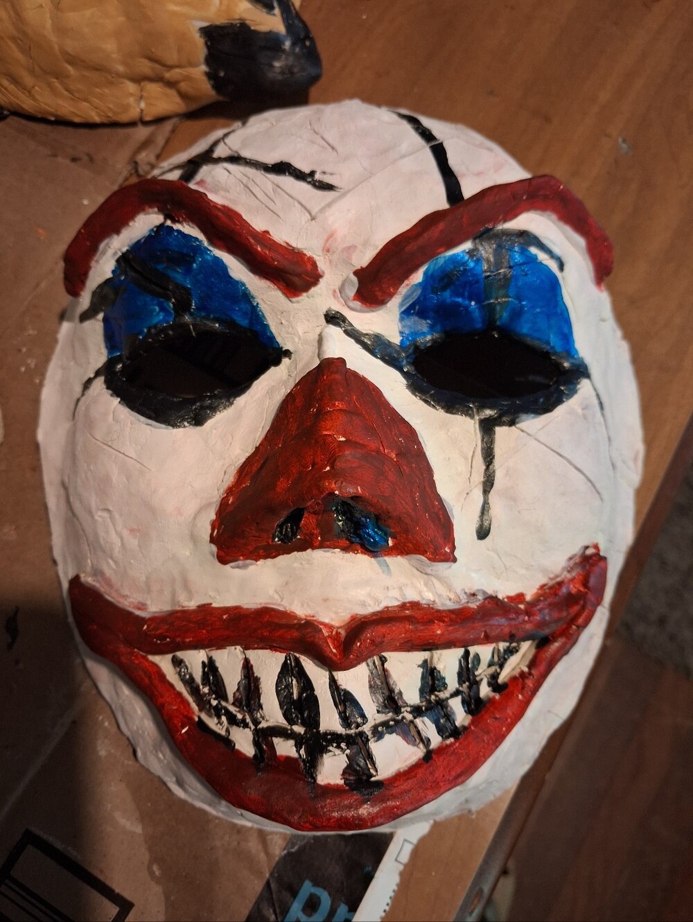 Handmade Hand-Painted White Clown Mask with Red and Blue Accents